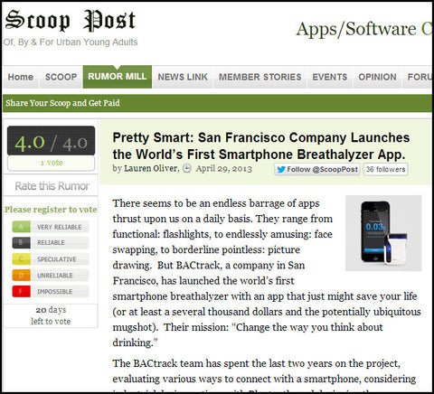 Scoop Post Calls BACtrack Mobile "An App That Might Just Save Your Life"